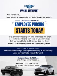 📢 OFFICIAL STATEMENT

The wait is over.

Employee Pricing is now available to everyone at East Court Ford Lincoln.

If you’ve been waiting for the right time to upgrade your vehicle, this is it. Enjoy incredible savings, Canada’s largest Ford & Lincoln inventory, no admin fees, no PDI fees, and a straightforward buying experience from a team you can trust.

Visit us today and discover just how much you can save.

📍 East Court Ford Lincoln
🚘 Shop our inventory or stop by the dealership today.

#eastcourtfordlincoln