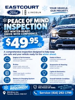 ❄️ Winter is Coming. Is Your Vehicle Ready? 🚗

Drive with confidence this winter with our $49.95 Peace of Mind Inspection at East Court Ford Lincoln!

✅ Engine & Performance
✅ Brakes & Tires
✅ Battery & Charging System
✅ Fluids & Filters
✅ Suspension & Steering
✅ Lights & Electronics
✅ Overall Vehicle Condition

🔥 NO APPOINTMENT REQUIRED! Just drive in and let our service team take care of the rest.

📞 Call Us: (416) 292-1799
📍 958 Milner Ave, Toronto

❄️ Small Inspection. Big Peace of Mind.

#eastcourtfordlincoln #winterready #vehicleinspection #fordservice #toronto