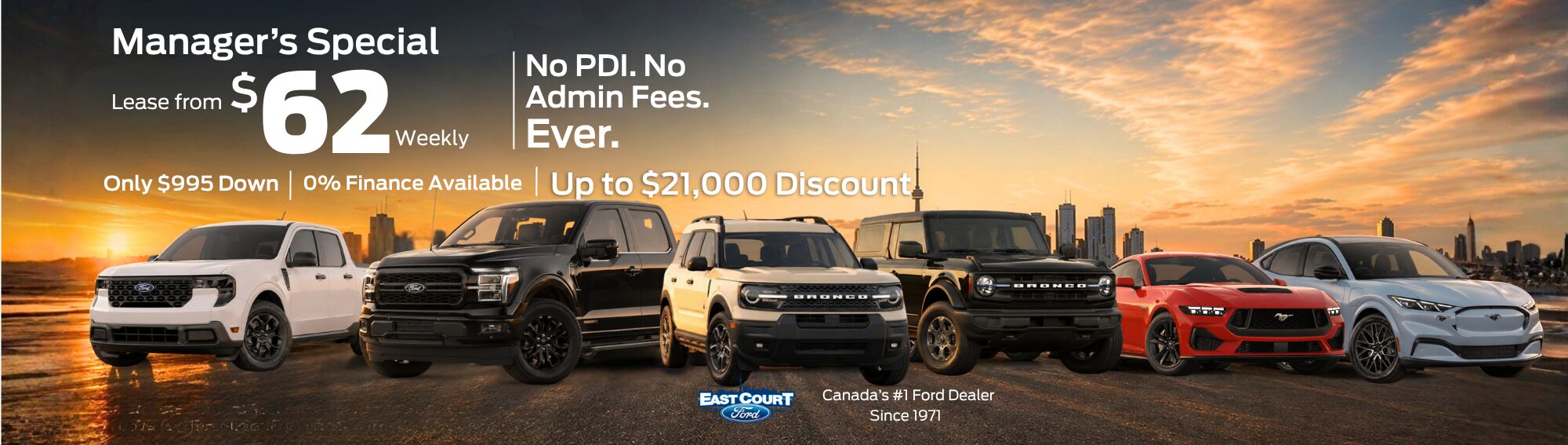 Ford trucks on display at East Court Ford Lincoln during Door Crasher Deals event.