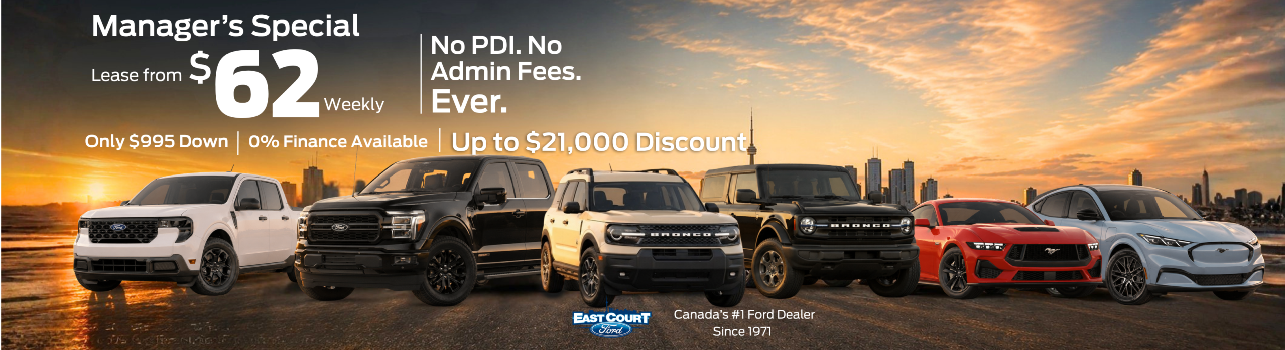 Ford trucks on display at East Court Ford Lincoln during Door Crasher Deals event.