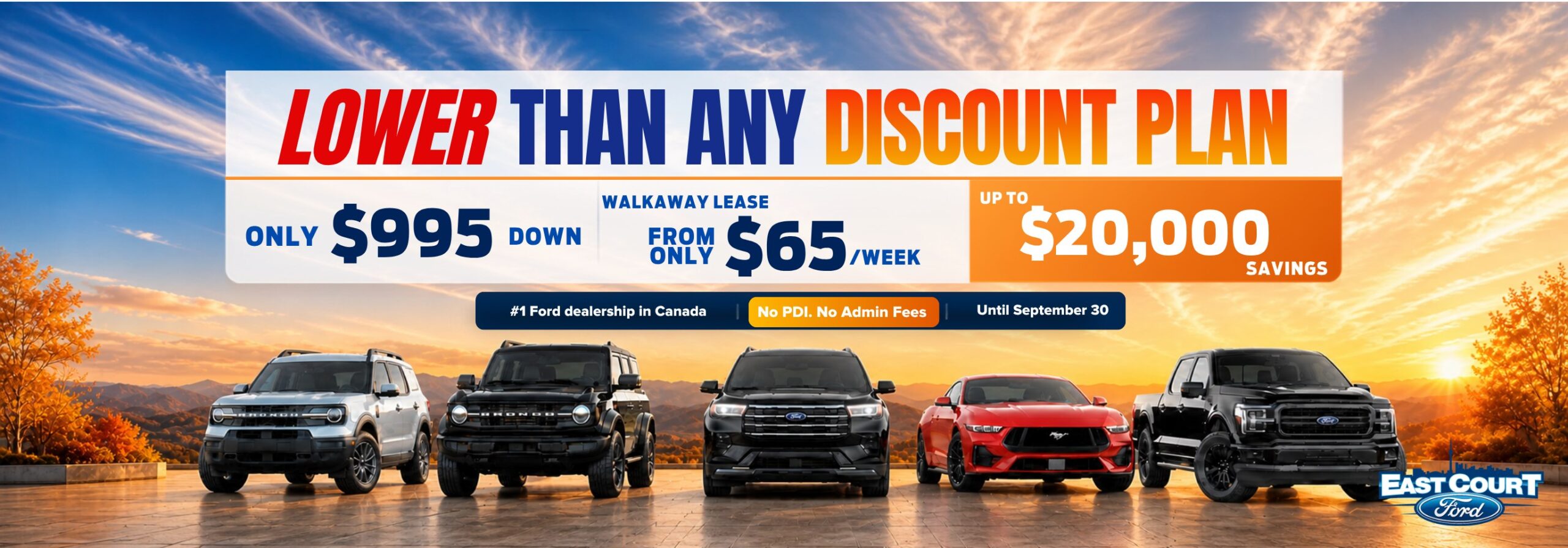 Ford trucks on display at East Court Ford Lincoln during Door Crasher Deals event.